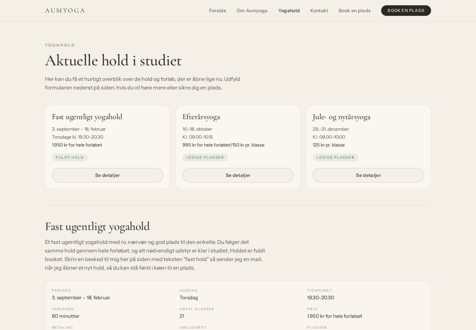Oversigt over aktuelle yogahold med periode, pris og status